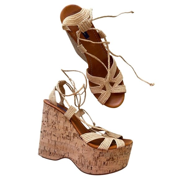 Ralph Lauren Purple Label 39.5 Beige Braided Raffia Wedge Sandals Cork Platform - Picture 1 of 11